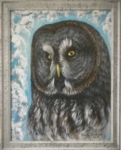 great grey owl head with snowy background acryl on canvas.