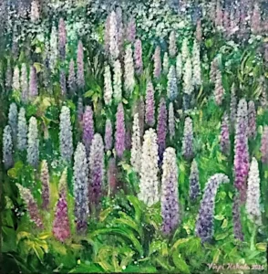 luonnonkukkia lupiineja vaaleanpunaisia ja violetin värisiä vihreän ruohon keskellä.