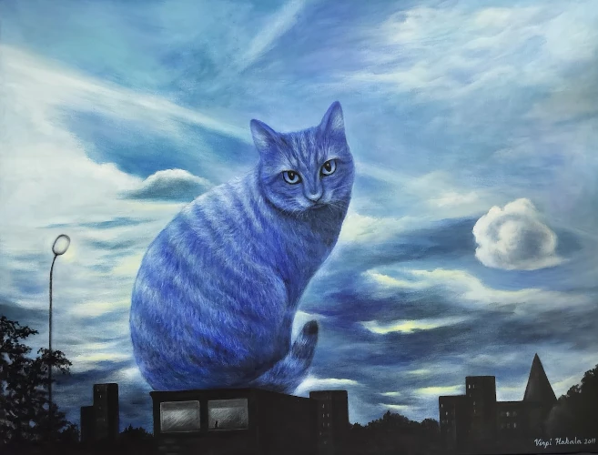 big blue cat on acryl painting.